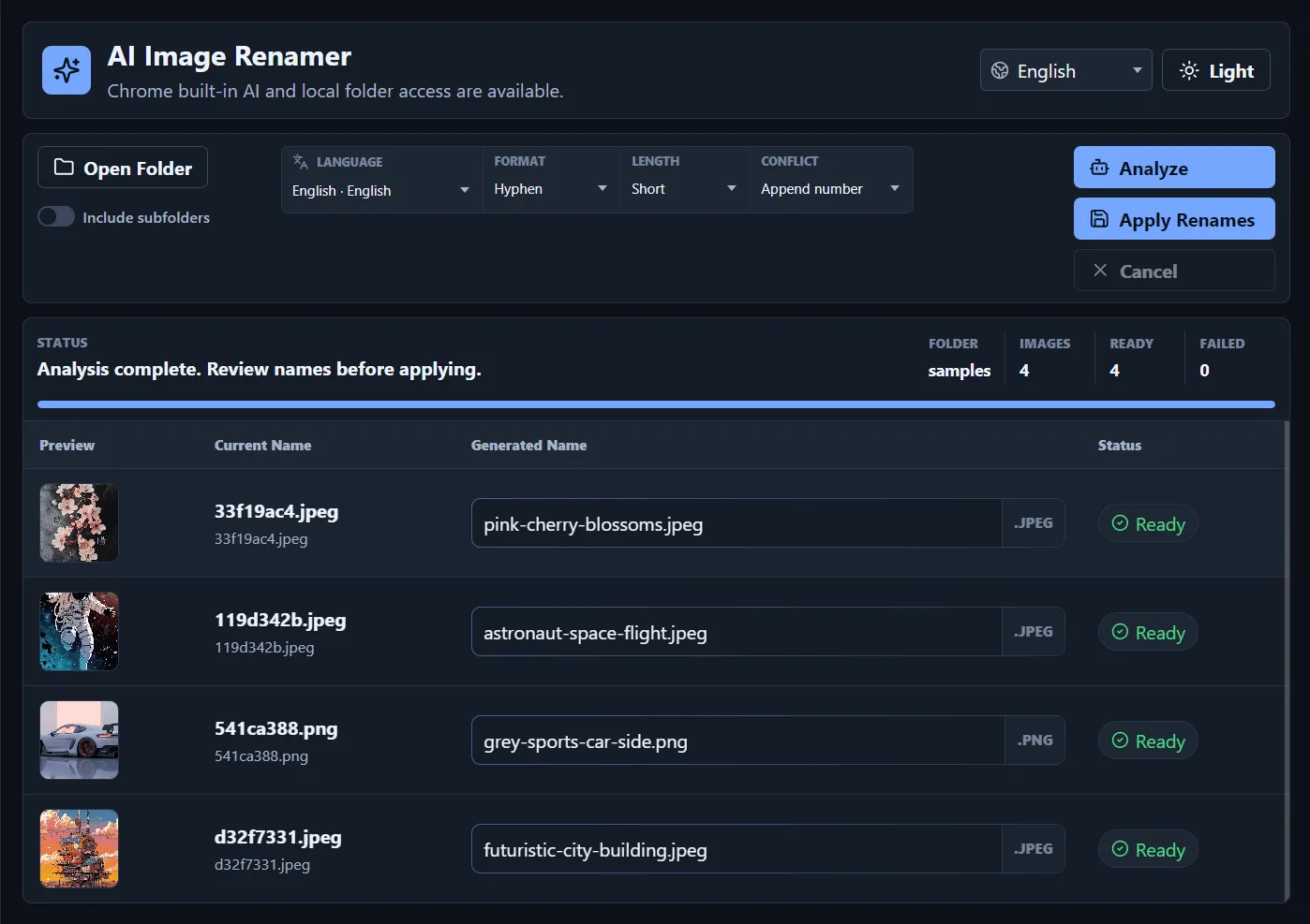 AI Image Renamer 深色界面截图